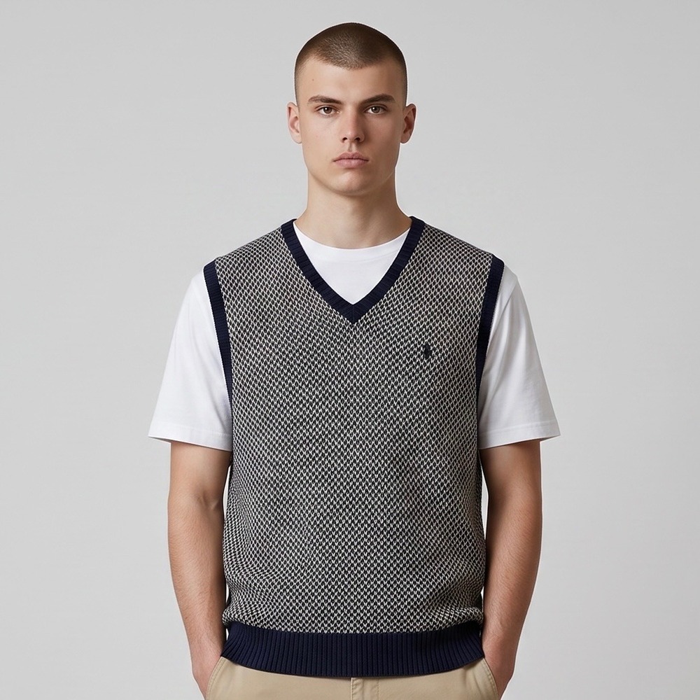 Vtg 90s Polo Ralph Lauren Men Large Linen Cotton Sweater Vest Navy Birdsey Knit